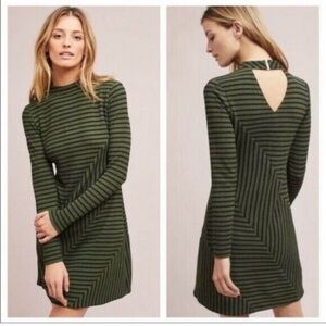 Anthropologie Hutch Olive Green & Black Striped Long Sleeve Cutout Dress M